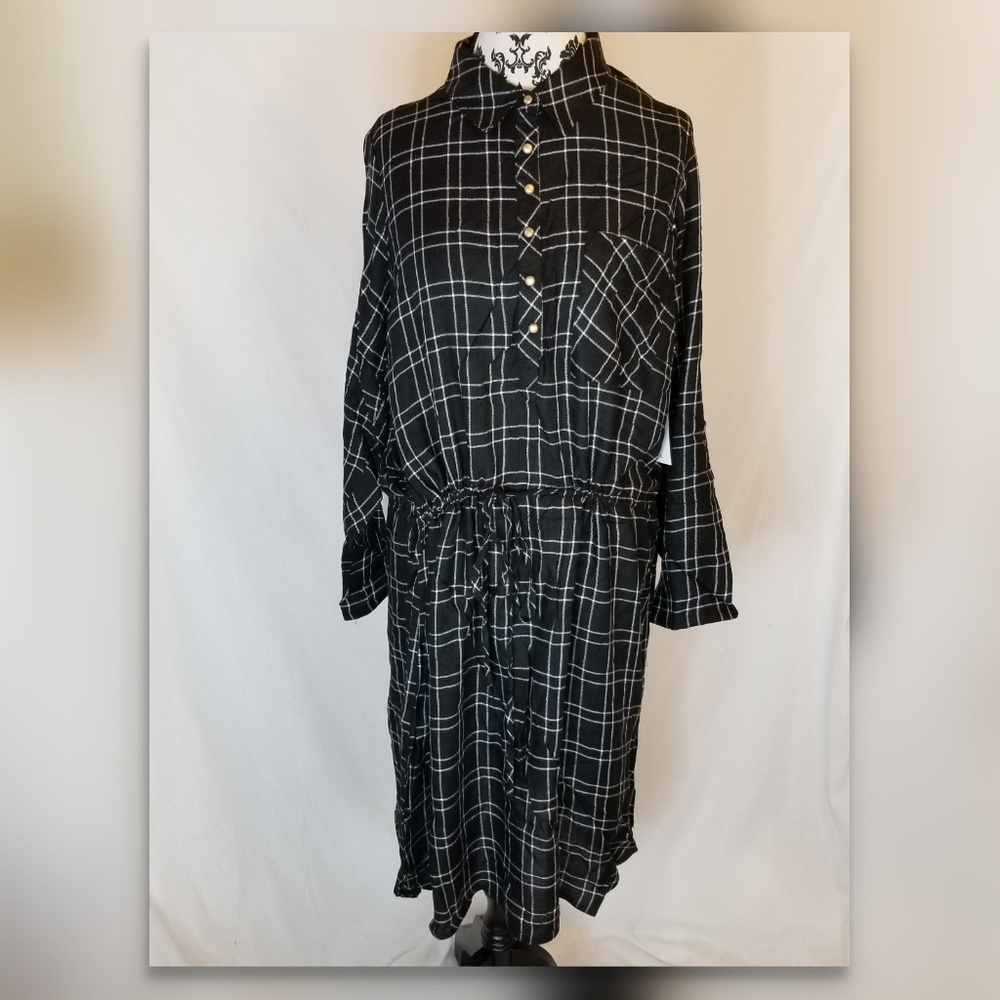 Justfab Plaid Black and White Long Sleeve Dress 1X Plus Size New